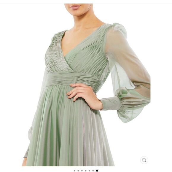 NWT Mac Duggal 67864 Long Sleeve Satin Chiffon Tiered Gown Dress Sage Green - Picture 2 of 15